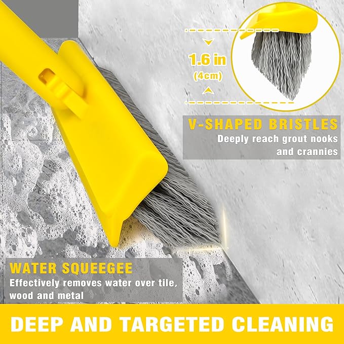 2 in 1 Grout Brush with 49.6" Long Handle, Swivel Grout Cleaning Brush V-Shape Grout Line Scrubber, 180°Rotatable Shower Tile Scrub with Stiff Bristle for Deep Cleaning Shower and Corner