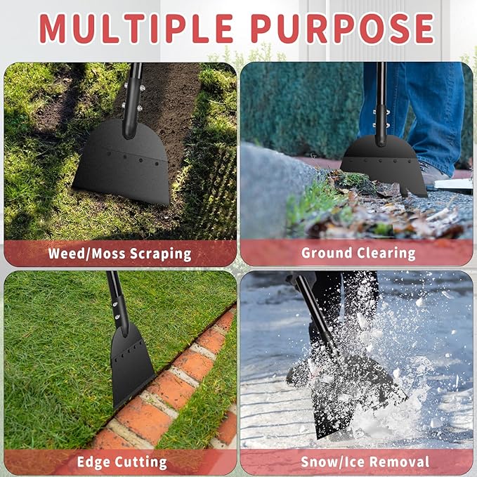 REAPALOT Multifunctional Garden Cleaning Shovel, 53.5inch Heavy Duty Flat Shovel, Stainless Steel Long Handle Lawn Edging Scraper, Outdoor Floor Scraper for Weeding and Snow Ice Removal - Black Red