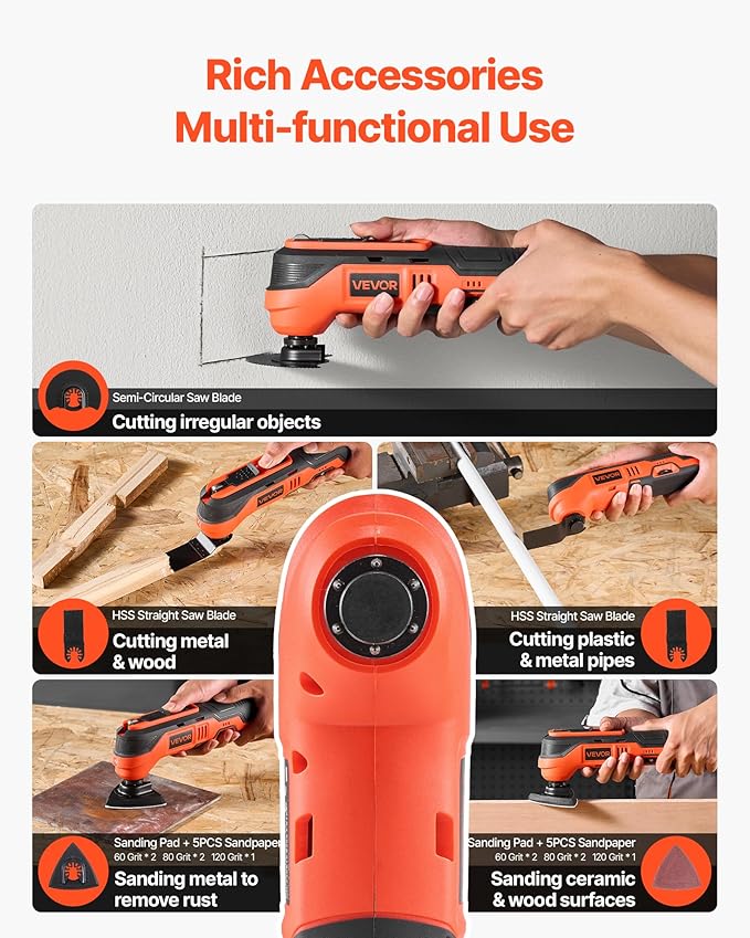 VEVOR Cordless Oscillating Tool, 12V Multitool Oscillating Saw Tool with 6 Variable Speeds 6000-17500 OPM, 3.2° Oscillation Angle, 2.0Ah Battery Pack & Charger, 8PCS Saw Accessories & LED Work Light
