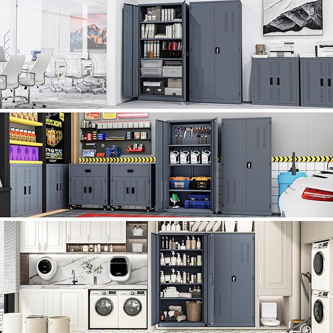 KAER Metal Garage Storage Locker 72" H Garage Cabinets with 2 Doors 4 Adjustable Shelves and Tool Board Tool Cabinets for Warehouse Basement Home Office - Assembly Required