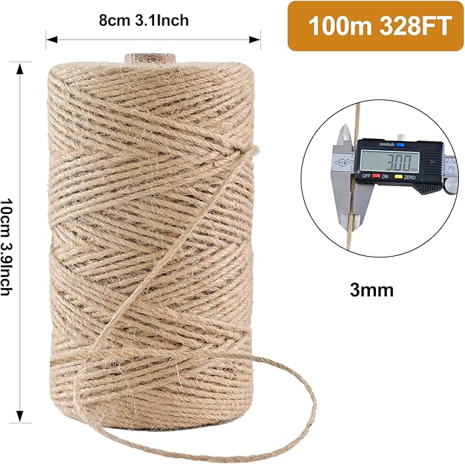 Natural Jute Twine 328 Feet Long String for Crafts Gift Wrapping Christmas Handmade Arts Decoration Packing String Home Decor (3mm * 328feet)