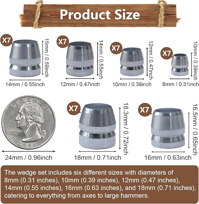 42 PCS Round Axe Handle Wedge Safety Handle Metal Wedge Hammer Handle Wedges Steel Wedge Kit for Axe Hammer Sledge (0.31/0.39/0.47/0.55/0.63/0.71 Inch)