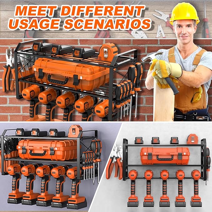 3 Tier Metal Cordless Tool Organizer, Power Tool Organizer Wall Mount for Men Love Tidy Spaces, Heavy Duty Wall Mount Garage Storage For Work Shop, Garage On Pegboard, Wood, Concrete