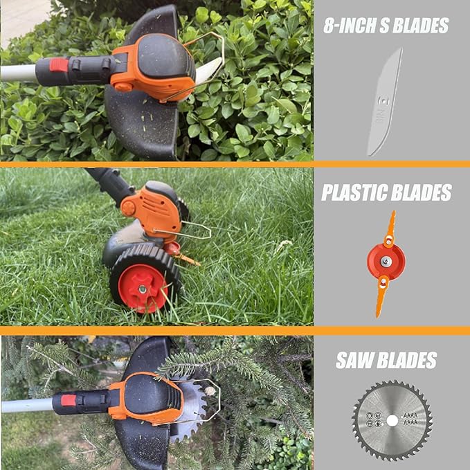 Electric Weed Wacker Cordless Battery Powered, Weed Cordless Eater with 2X 21V/4.0Ah Battery Operated & Wheels 3 Types Blades, 3 in 1 Stringless Grass Trimmer/Edger/Brush Cutter for Garden Yard Lawn