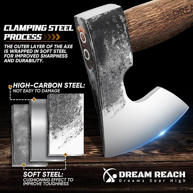 Dream Reach 14.5"" Camping Hatchet with Sheath, Bushcraft Axe with Carbonized Handle, Hand Forged Carving Axe, Splitting Hatchet for Chopping Wood, Gardening, Black