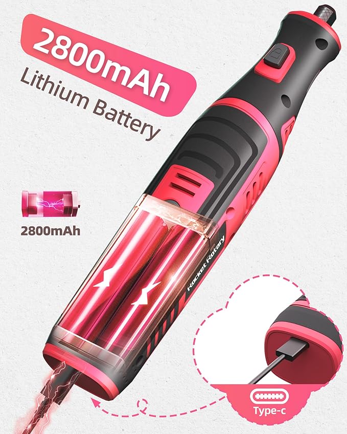 8V Cordless Rotary Tool Kit with 135pcs Accessories, 2.8Ah Battery Rechargeable Engraving Pen with LED Light, 5-Speed 30000RPM Power Rotary Tools for Drilling Grinding Sanding Polishing, Pink