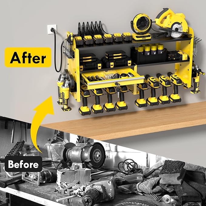 KSVO Power Tool Organizer Wall Mount with Drill Rack, Grinder Holder, Hammer & Pliers Rack, Locking Drawers, 6-Outlet Charging Shelf – Heavy Duty Metal Tool Storage for Garage, Workshop (Yellow)