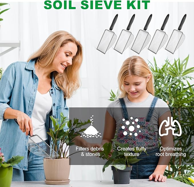 5pcs Soil Sifter Set for Gardening – Includes 2mm/2.8mm/3.8mm/4.3mm/5mm Garden Sifter for Soil, Handheld Compost Sifter for Dirt,Rocks, Heavy-Duty Shovel for Soil, Compost Sifting