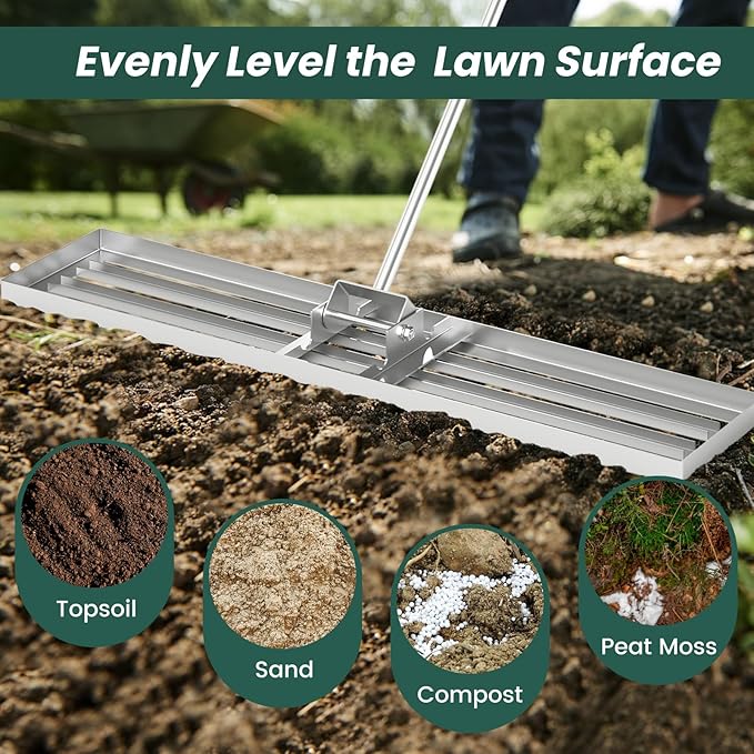 Goplus Lawn Leveling Rake, 46" x 10" Heavy Duty Level Lawn Tool w/ Ergonomic Handle for Soil, Effort-Saving Landscape Rake for Garden, Backyard, Golf Course, Farm, Pasture, Silver