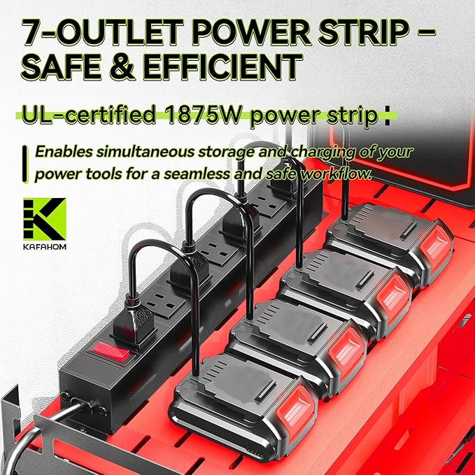 KAFAHOM Power Tool Organizer with Charging Station,9 Drill Holder Wall Mount,4 Layer Heavy Duty Metal Cordless Drill Storage for Garage Organization,Battery Tool Rack Built in 7 Outlet Power Strip Red