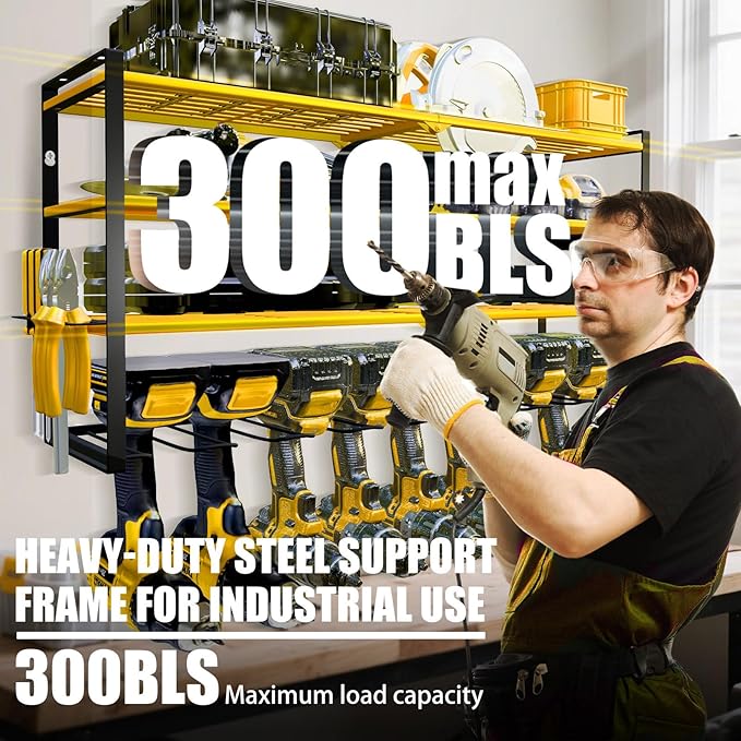 Power Tool Organizer Wall Mount – Metal Cordless Drill Storage Rack with 8 Slots, 4-Tier Adjustable Shelf for Garage, Workshop & Shed Yellow