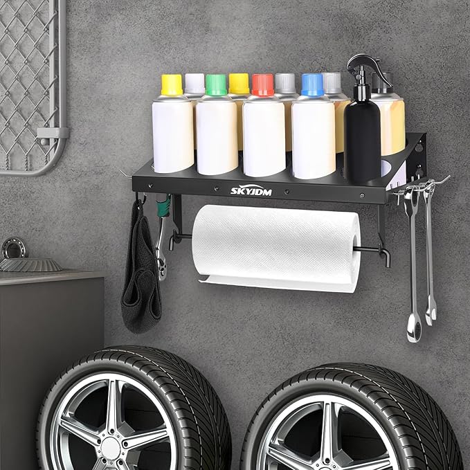 10 Aerosol Spray Can Holder with Paper Towel Holder & 4 Detachable Hooks, Space-Saving Tool Organizer Wall Mount for Garage, Workspace and Tool Room