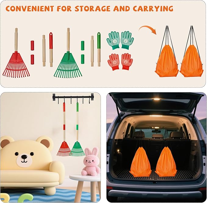 2 PCS Adjustable Kids Leaves Rakes (Green & Red, 25.2 in to 34.25 in) with 2 Pairs Gloves & 2 Orange Storage Bags, Lawn Rakes with Wooden Handle, Kids Garden Tools Set for Boys and Girls