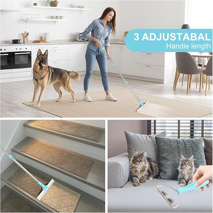 Carpet Rake for Pet Hair Removal, 54-Inch Adjustable Handle, Aluminum Alloy Deep Cleaner, Reusable Cat & Dog Hair Remover for Couches, Rugs, Mats, Fabric Furniture