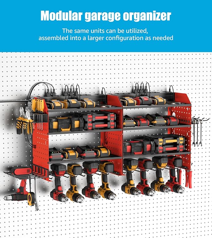 CCCEI Modular Power Tools Organizer with USB Charging Station, 4 Layer Drills and Battery Storage Wall Mount, Garage Shop Organization, Anniversary, Birthday, Gifts for Men, Father, 6FT Cord, Red.