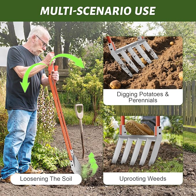 5-Tine Broadfork, 50" Broad Fork Garden Tool Heavy Duty Digging Pitch Fork with H-Shaped Design for Gardening, Farm Cultivating, Loosening Soil