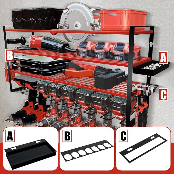 Power Tool Organizer Wall Mount – Metal Cordless Drill Storage Rack with 8 Slots, 4-Tier Adjustable Shelf for Garage, Workshop & Shed Red
