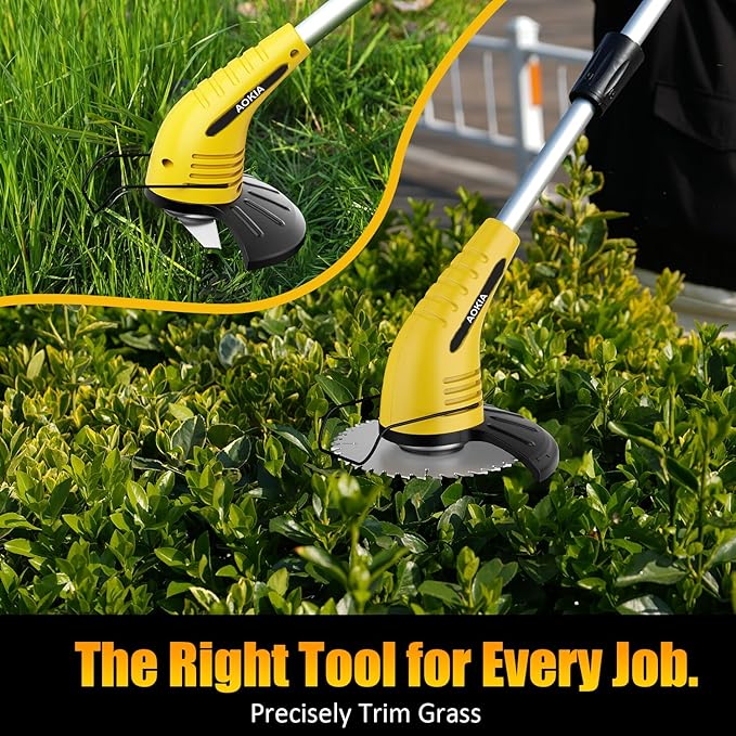 Aokia Cordless Weed Wacker:String Trimmer with 12V Battery Operated - Lightweight Lawn Trimmer, Electric Grass Trimmer Edger with 2 Blades and Extension Rod for Lawn Yard, Yellow
