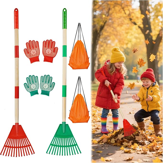 2 PCS Adjustable Kids Leaves Rakes (Green & Red, 25.2 in to 34.25 in) with 2 Pairs Gloves & 2 Orange Storage Bags, Lawn Rakes with Wooden Handle, Kids Garden Tools Set for Boys and Girls