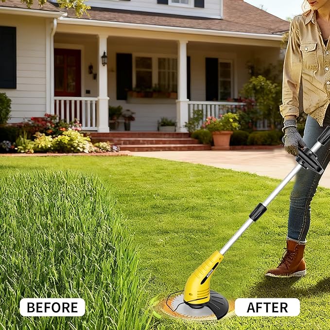 Aokia Electric Weed Wacker Cordless: Weed Trimmer Grass Cutter Lightweight,2.0Ah Battery Powered with Fast Charger, Lawn Mower Grass 2 Blade Types for Lawn, Garden, Yard, Yellow