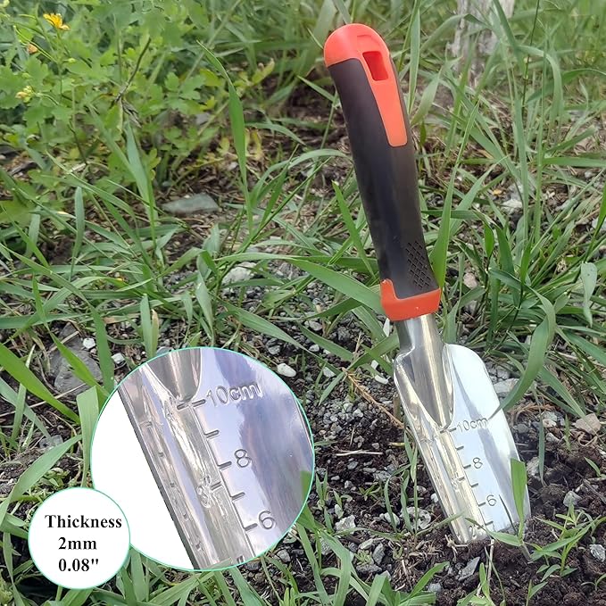 Garden Tools Set, 4 Piece Aluminum Hand Tool Kit with Ergonomic Handle, Heavy Duty Gardening Tools Include Hand Trowel, Transplant Trowel, Hand Rake and Weeder (Orange)