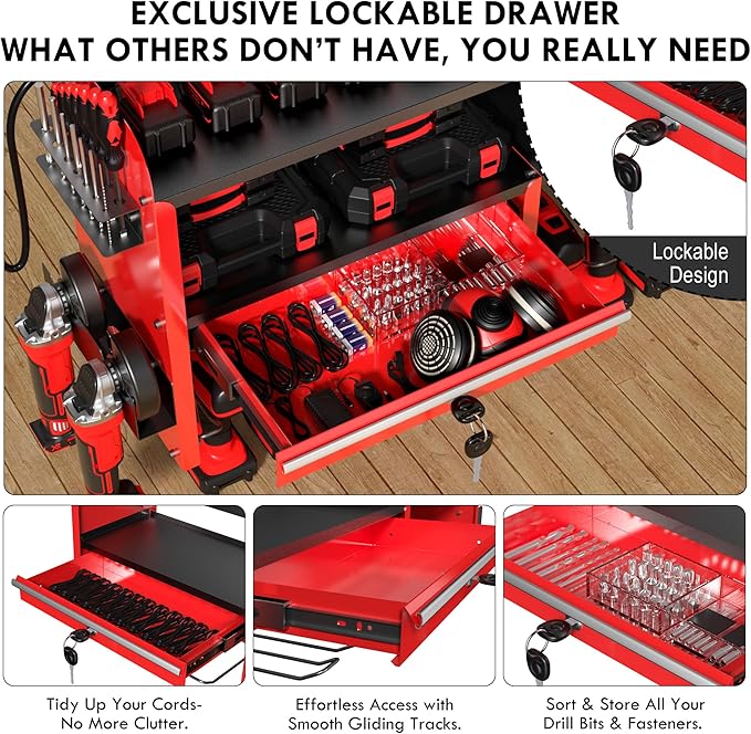KSVO Power Tool Organizer Wall Mount with Drill Rack, Grinder Holder, Hammer & Pliers Rack, Locking Drawers, 6-Outlet Charging Shelf – Heavy Duty Metal Tool Storage for Garage, Workshop (Red)