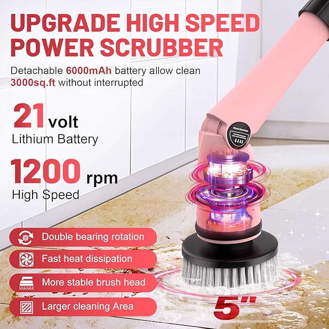 Pink Electric Spin Scrubber High Power 1200rpm, 6000 mAh Electric Scrubber for Cleaning Bathroom, Cordless Shower Scrubber Clean Brush, Floor Scrubber W/8 Brushes Tub Tile House Deep Cleaning