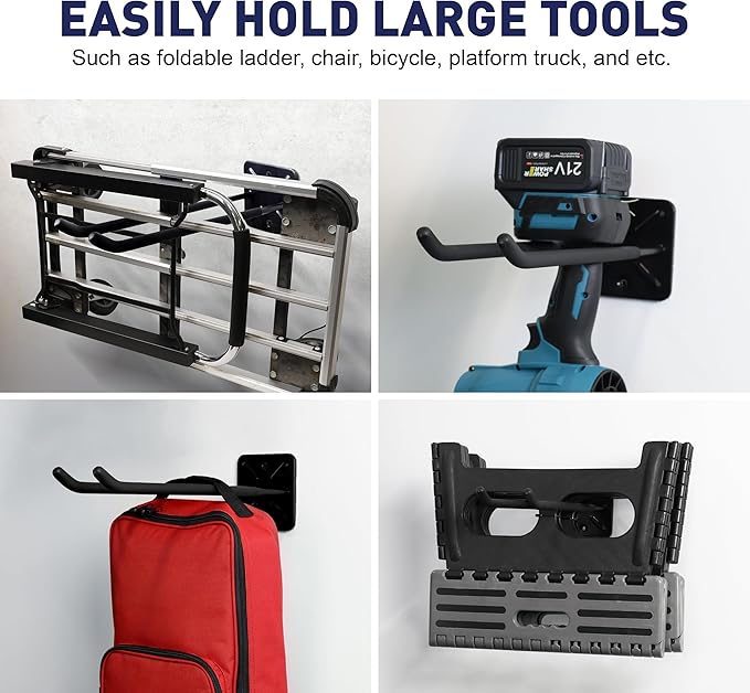 SMART JERRY - Garage Hooks Heavy Duty Tool Organizer │Wall Mount Hooks for Car Tires, Ladders, Chairs, Strollers & Power Tools │Garage Organization Hooks │4 Pack