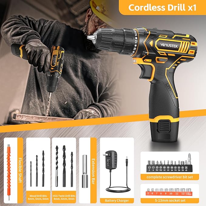 Cordless Drill Set, 12V Power Drill with 2.0Ah Battery and 2-Speed, 30Nm Torque, 25+1 Clutch Settings, 3/8" Keyless Chuck, Yellow Electric Drills for Home DIY, Wood, Metal, Plastic Drilling