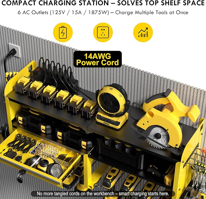 KSVO Power Tool Organizer Wall Mount with Drill Rack, Grinder Holder, Hammer & Pliers Rack, Locking Drawers, 6-Outlet Charging Shelf – Heavy Duty Metal Tool Storage for Garage, Workshop (Yellow)