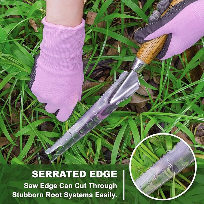 Haliaeetus Multi-Use Weed Trowel, Stainless Steel Dandelion Fork Puller, Serrated Edges Manual Weed Puller for Quick Cutting and Weeding, Garden Weed Trowel with Measuring Scale for Planting, Digging
