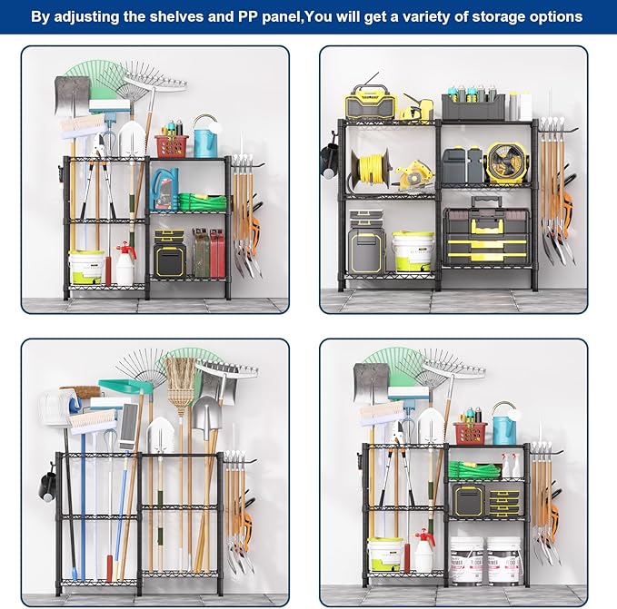 T3 Garden Tool Organizer(With 6 Shelves and 3 PP Panel)Heavy Duty Garage Tool Storage for Yard,Shed and Lawn,Freestanding Tool Organizers and Storage UP to 80 Tools,Black with Anti-Tip Device