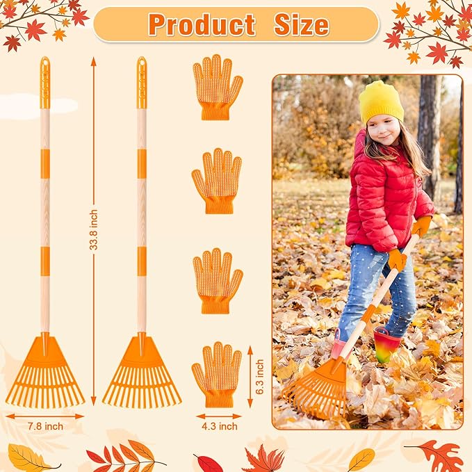 4 Pcs 35'' Kids Rakes for Leaves - Plastic Rake Head with 4 Pairs Kids Gloves, Small Kids Lawn Rakes Detachable Wooden Handle, Autumn Garden Tool Set for Kids Boys and Girls, Orange, 3yr+