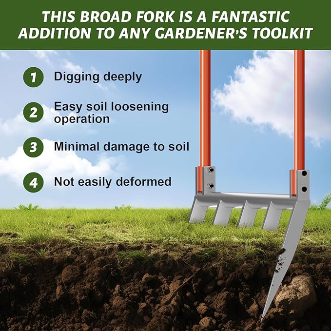 5-Tine Broadfork, 50" Broad Fork Garden Tool Heavy Duty Digging Pitch Fork with H-Shaped Design for Gardening, Farm Cultivating, Loosening Soil