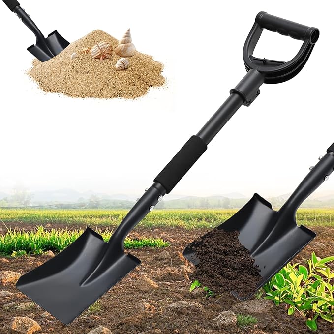 Garden Flat Shovel, 31 Inch Small Metal Square Shovel for Lawn Edging Digging Trenching Transplanting, Heavy Duty Compact Gardening Spade with D-Handle for Beach, Kids, Car, Light Garden Work