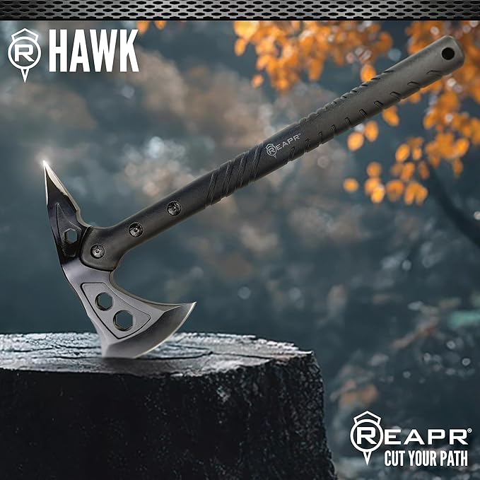 Reapr Tactical Hawk 7" Dual-Blade Throwing Axe – Survival Tomahawk with Spike & Axe Head, Stainless Steel, Nylon-Fiberglass Handle, Belt Sheath – Camping, Hunting, Wood Splitting, Gift for Outdoorsmen