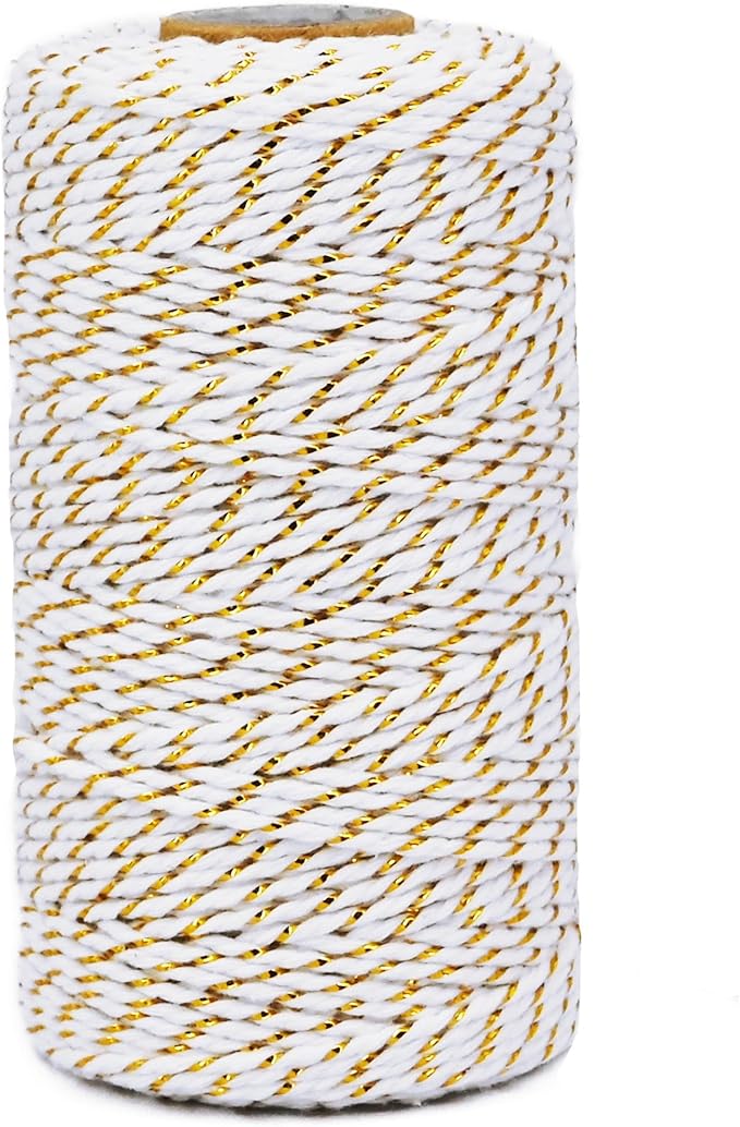 Leecogo Cotton Twine Gold and White Baker String 2mm Thick 328 Feet Christmas Twine for Gift Wrapping DIY Crafts Home Party Decoration Gardening