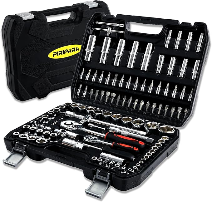 PIRIPARA 108 Piece Mechanics Tool Set Metric And Standard 1/4" & 1/2" Socket Set, Ratchet Set, Universal Joint, Extension Bars, Quick Release Reversible Ratchet Wrench, Plastic Toolbox Storage