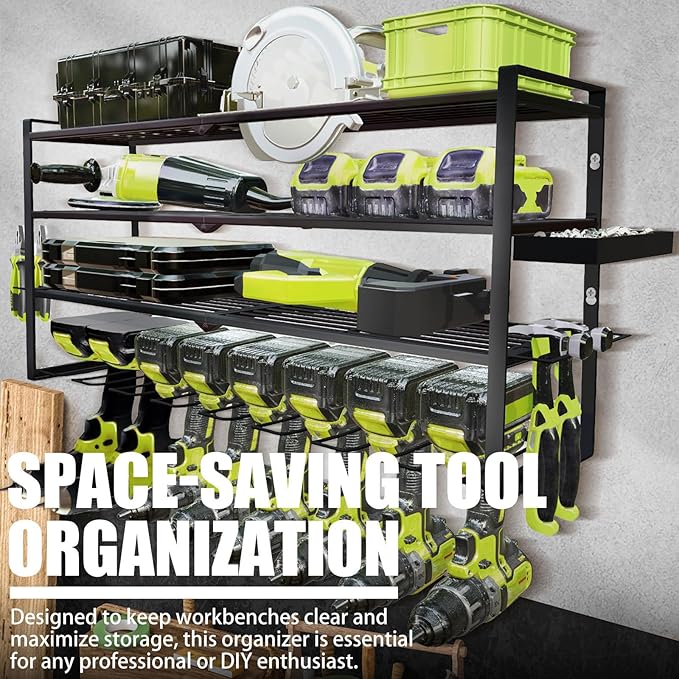 Power Tool Organizer Wall Mount – Metal Cordless Drill Storage Rack with 8 Slots, 4-Tier Adjustable Shelf for Garage, Workshop & Shed Black