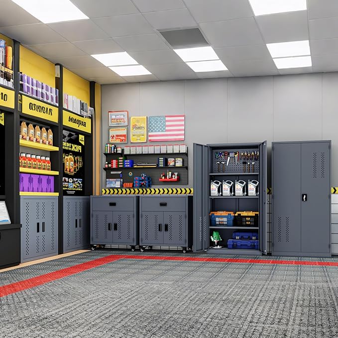 KAER Metal Garage Storage Locker 72" H Garage Cabinets with 2 Doors 4 Adjustable Shelves and Tool Board Tool Cabinets for Warehouse Basement Home Office - Assembly Required