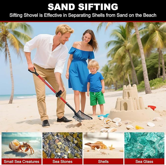 Sifting Shovel, Heavy Duty Sand Sifter Shovel with Ergonomic Grip for Beach, Farm and Garden, Chicken Coop Poop Scooper - 53.2 inch