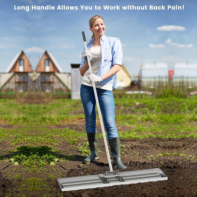Goplus Lawn Leveling Rake, 42" x 10" Heavy Duty Level Lawn Tool w/ Ergonomic Handle for Soil, Effort-Saving Landscape Rake for Garden, Backyard, Golf Course, Farm, Pasture, Silver