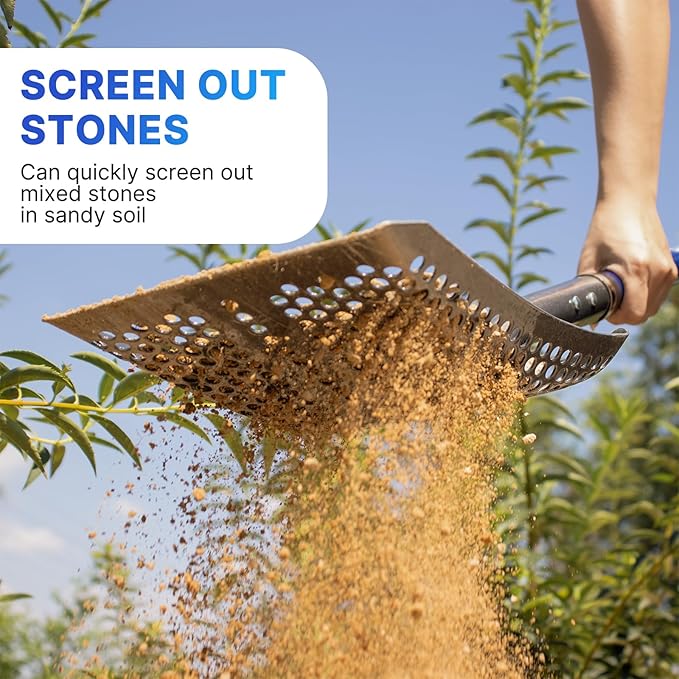 WIKER 45in Sand Sifting Shovel with Blue Fiberglass Handle - Heavy Duty Rock/Garden Sifter for Chicken Coop, Soil Screening, Gardening