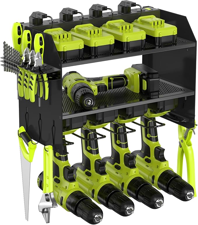 Heavy Duty Drill Holder & Power Tool Organizer Wall Mount, Metal Cordless Tool Organizer for Cordless Drill, Accessory Holder Rack (3L4D WITH CHARGING STATION (BLACK), With Charging Station)