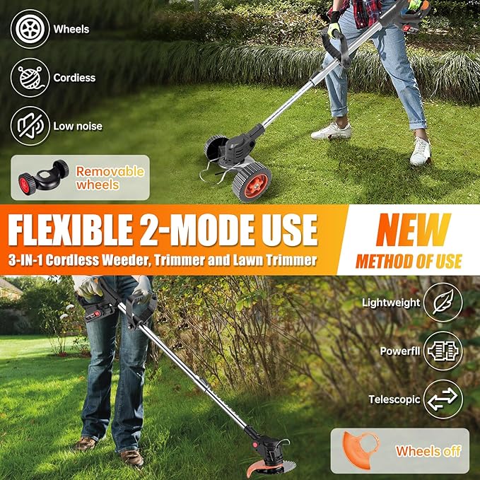 Electric Weed Wacker Cordless Eater Battery Powered, 21V Lightweight Stringless Grass Trimmer/Edger/Brush Cutter, 3 in 1 Weed Trimmer with 2 Battery Operated and Wheels for Yard and Garden