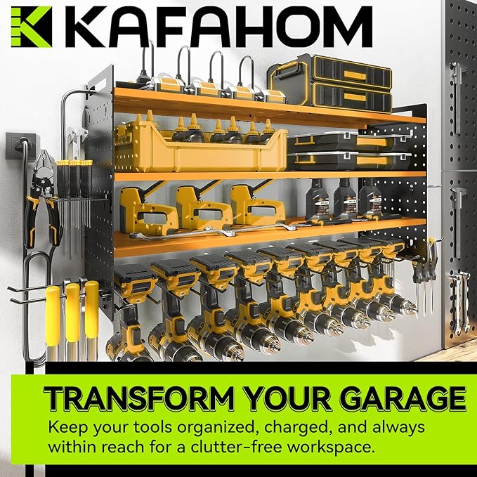 KAFAHOM Power Tool Organizer with Charging Station,9 Drill Holder Wall Mount,4 Layer Durable Metal Cordless Drill Storage for Garage Organization,Battery Tool Rack Built in 7 Outlet Power Strip-Yellow