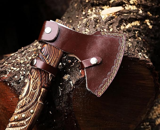Viking Axe | Hand-Forged Carbon Steel Tomahawk with Rosewood Handle & Leather Sheath, Bearded Axe for Camping, Bushcraft, Throwing, Gifts for Men (Wood)
