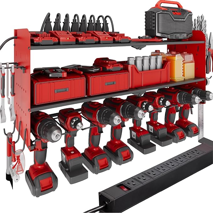 Suchtale Power Tool Organizer Wall Mount with Charging Station,33.2" Garage Storage,8 Drill Holders,3 Layers Heavy Duty Metal Shelf,Built in 8 Outlets Power Strip,Gift for Dad,Men,Red