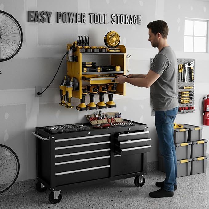 KSVO Power Tool Organizer Wall Mount with Drill Rack & Locking Drawers - Heavy Duty Metal Tool Shelf for Garage, Workshop, Shed, Basement Tool Organization - Gift for Men/Father (Yellow)
