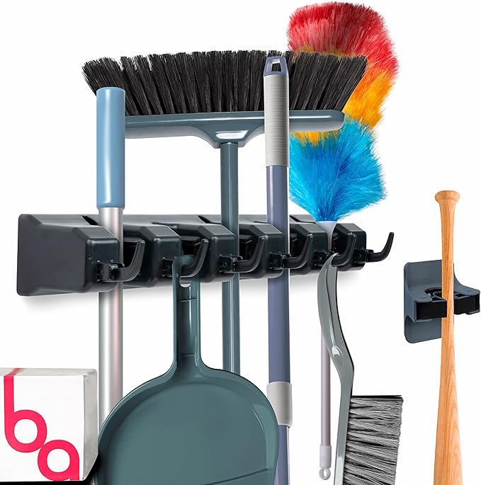 Combo 5 Slot Broom Holder w/ 1 Self Adhesive Mop Gripper No-Drilling, Wall Mount Tool Organizers For Kitchen, Garage, Laundry Room- Anti-Slip Hanger For Brooms, Mops, Rakes, Dustpans (Black/Black)